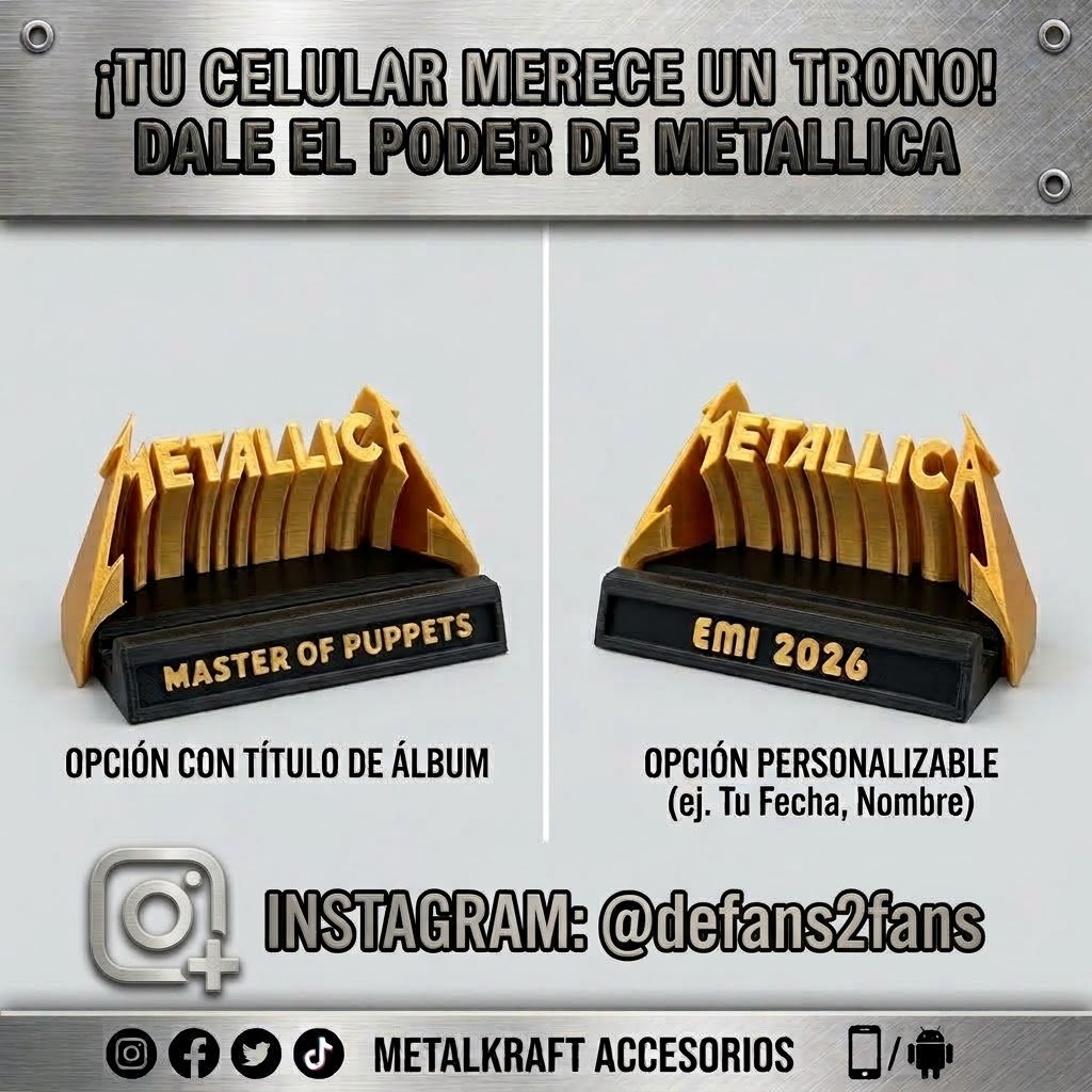 porta celular FanArt de Metallica, fabricado con detalle en impresión 3D